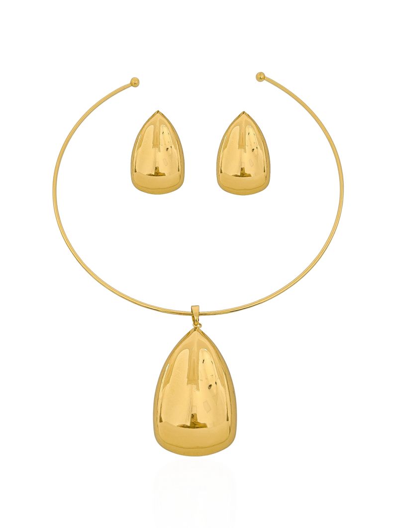 Conjunto Choker Aro e Brinco Folheado a Ouro 18k e Prata Design Gota Moderna