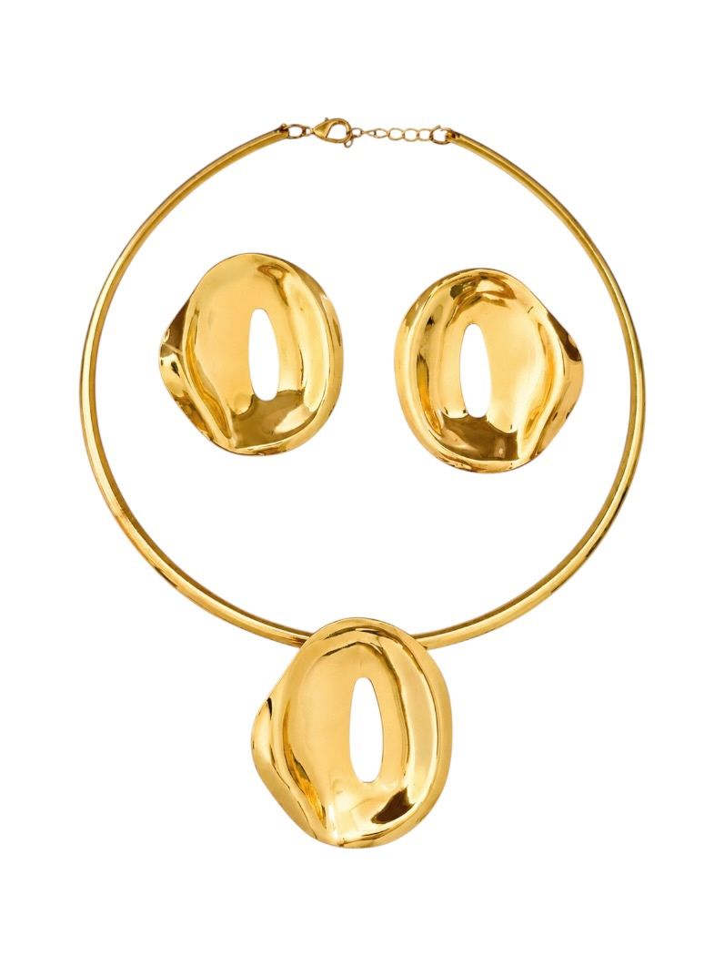 Conjunto Choker Aro e Brinco Folheado a Ouro 18k e Prata Design Orgânico Vazado