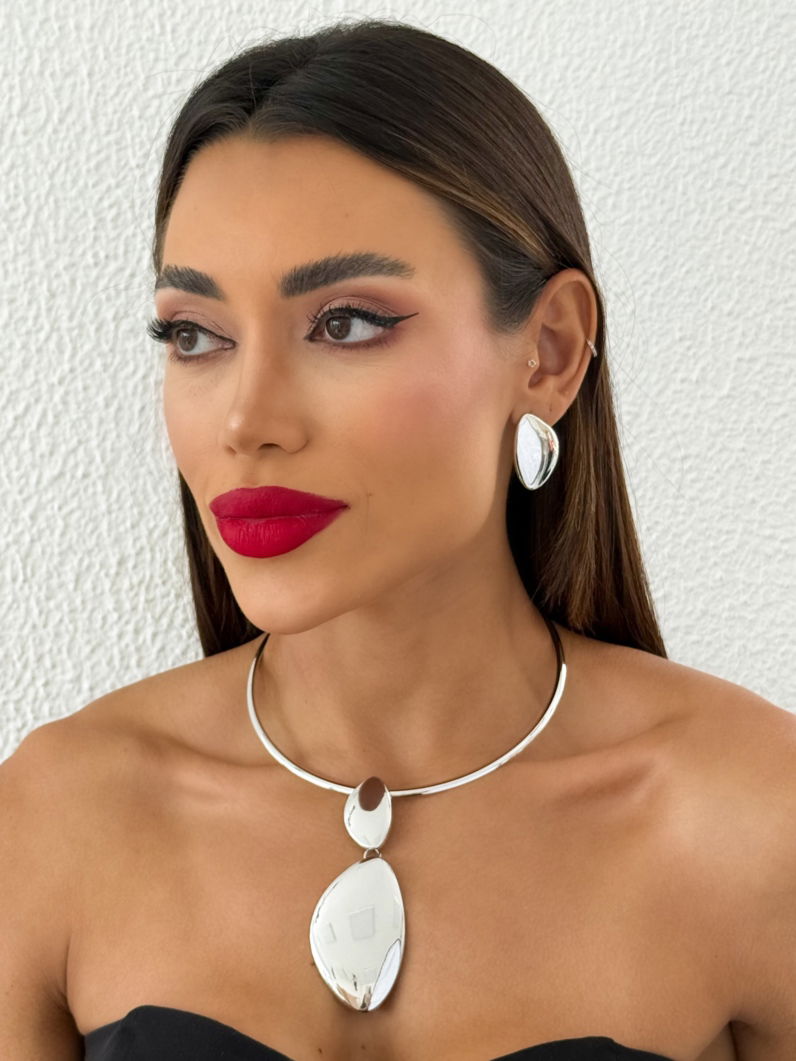 Conjunto Choker Aro e Brinco Folheado a Ouro 18k e Prata Design Oval