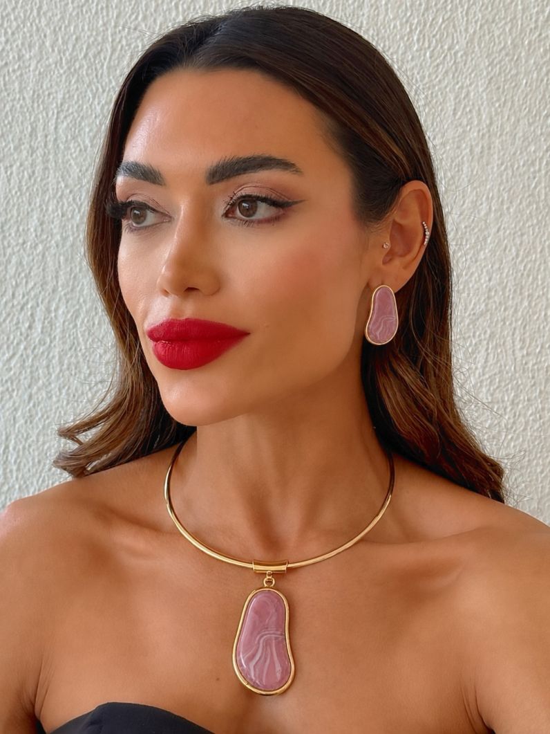 Conjunto Choker Aro e Brinco Folheado a Ouro 18k e Prata Design Oval Organico