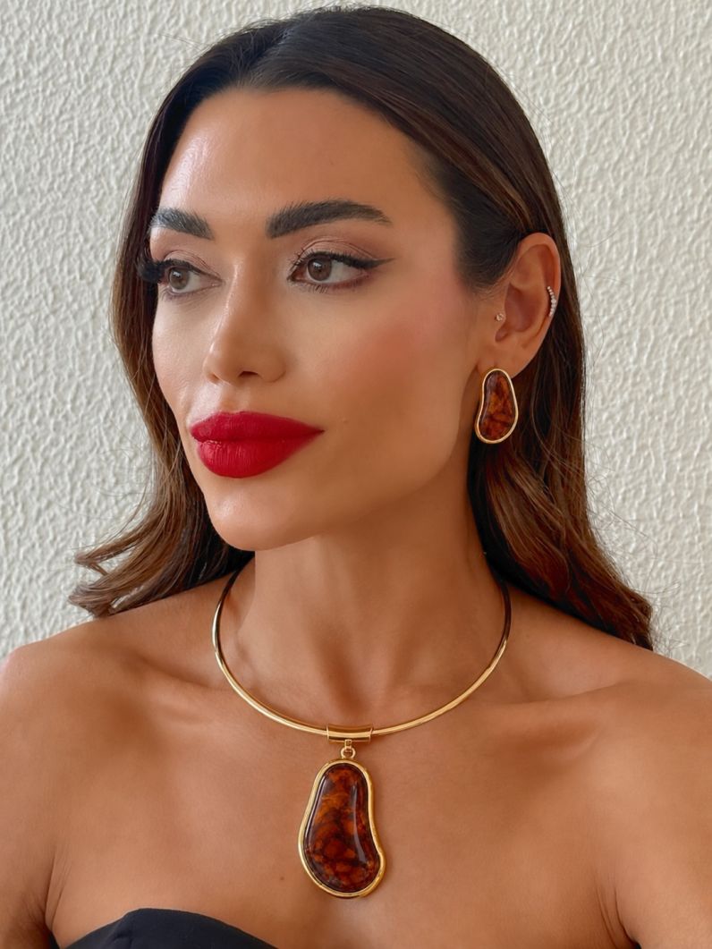 Conjunto Choker Aro e Brinco Folheado a Ouro 18k e Prata Design Oval Organico