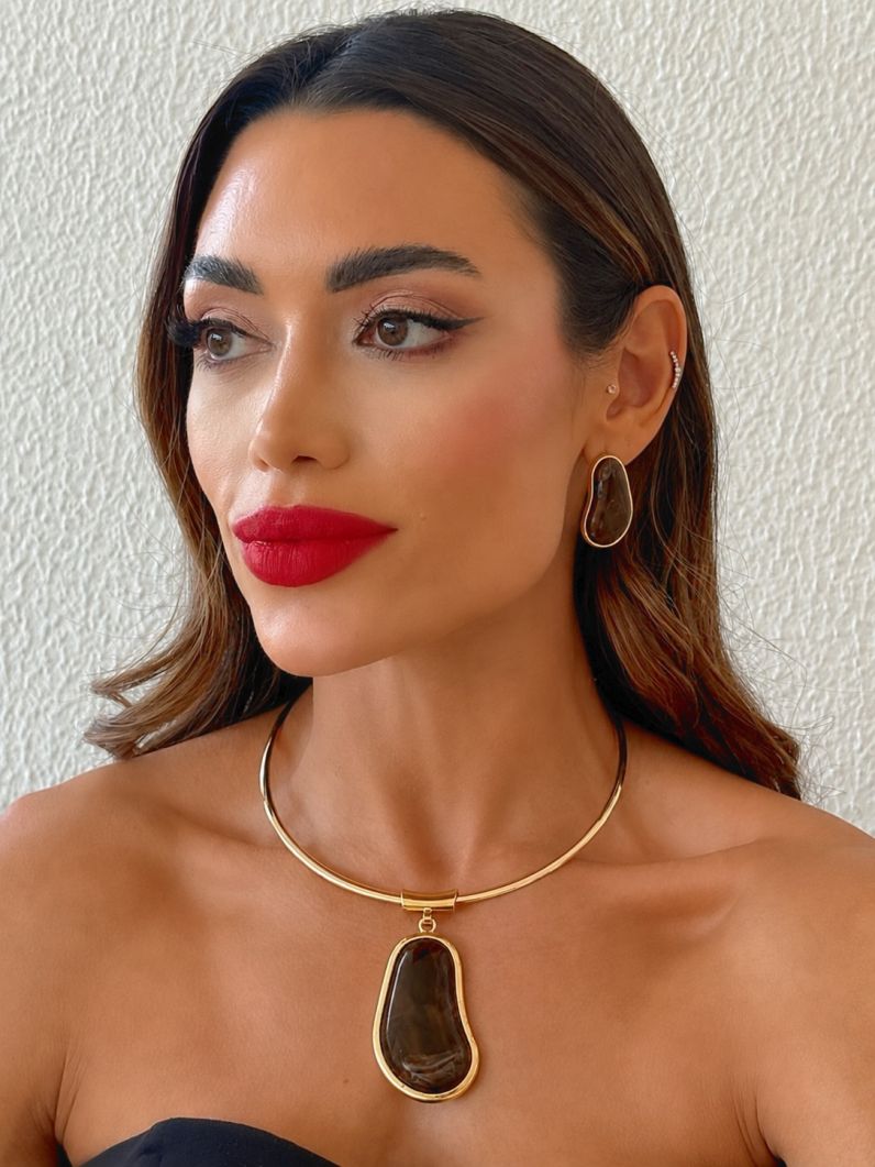 Conjunto Choker Aro e Brinco Folheado a Ouro 18k e Prata Design Oval Organico