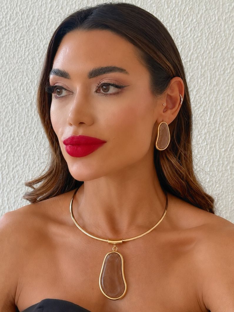 Conjunto Choker Aro e Brinco Folheado a Ouro 18k e Prata Design Oval Organico