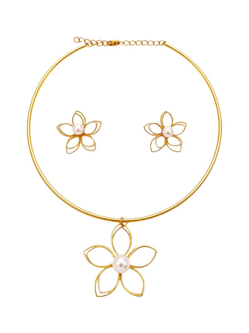 Conjunto Choker Aro e Brinco Folheado a Ouro 18k e Prata Flor de Fios com Perola