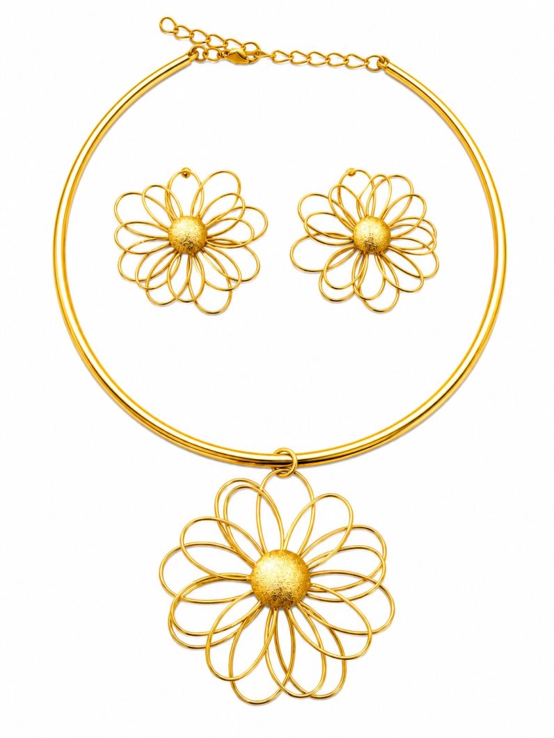 Conjunto Choker Aro e Brinco Folheado a Ouro 18k e Prata Flor Vazada e Texturizada