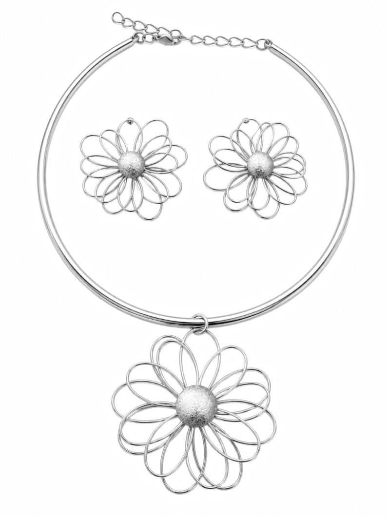 Conjunto Choker Aro e Brinco Folheado a Ouro 18k e Prata Flor Vazada e Texturizada