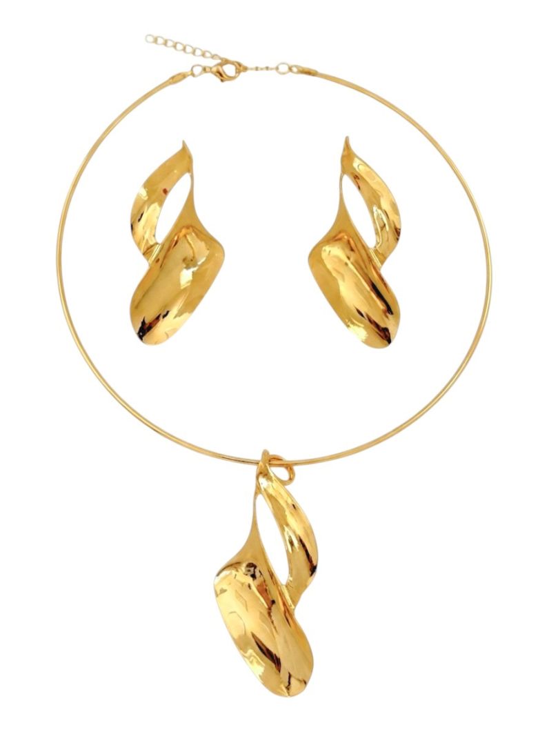 Conjunto Choker Aro e Brinco Folheado a Ouro 18k e Prata Forma Moderna Curva
