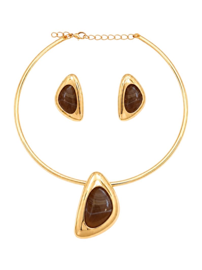 Conjunto Choker Aro e Brinco Folheado a Ouro 18k e Prata Forma Resinada e Lisa