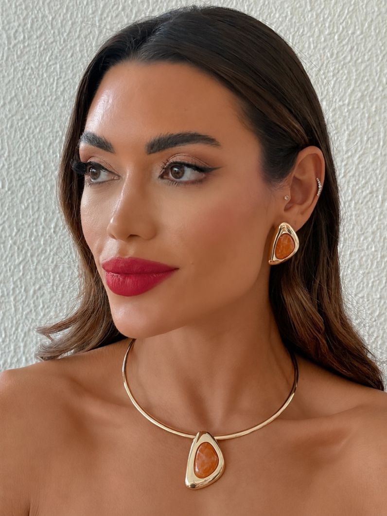 Conjunto Choker Aro e Brinco Folheado a Ouro 18k e Prata Forma Resinada e Lisa