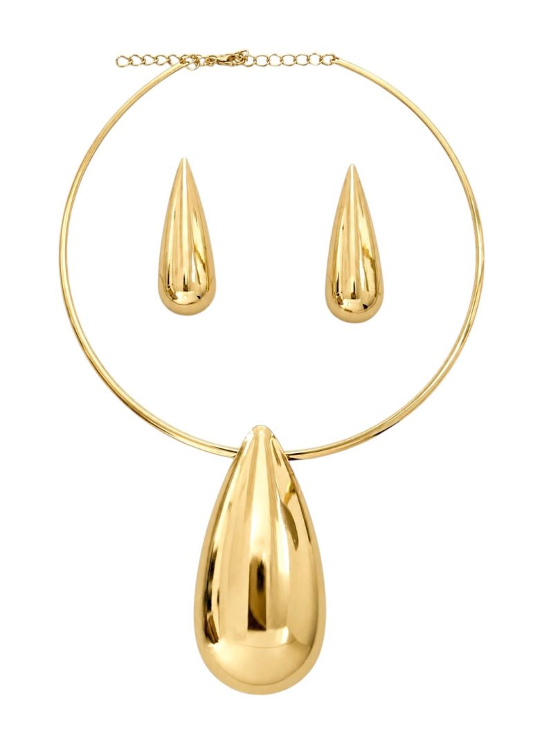 Conjunto Choker Aro e Brinco Folheado a Ouro 18k e Prata Gota Longa Lisa