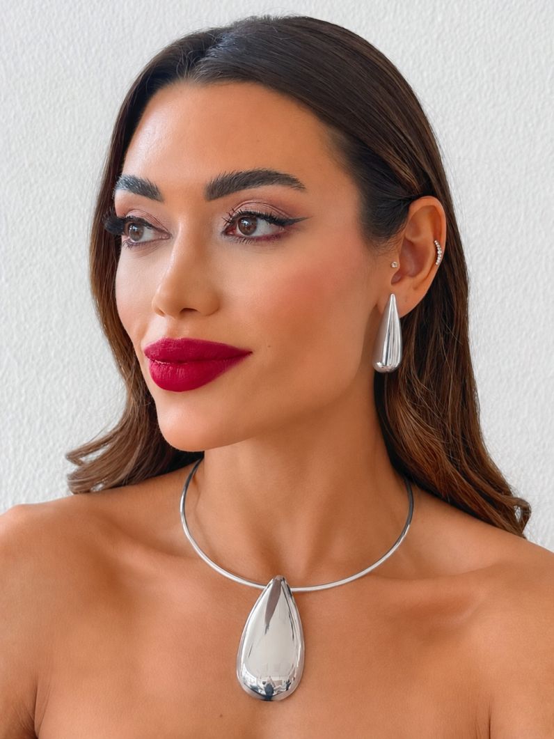 Conjunto Choker Aro e Brinco Folheado a Ouro 18k e Prata Gota Longa Lisa