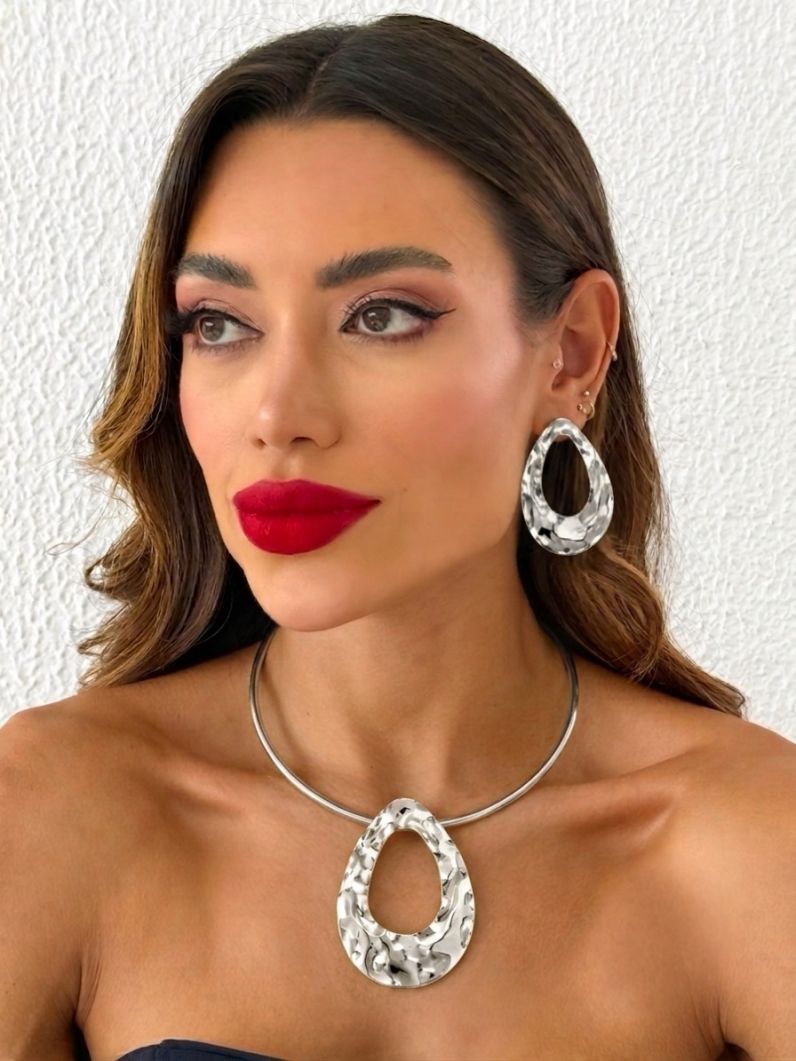 Conjunto Choker Aro e Brinco Folheado a Ouro 18k e Prata Gota Orgânica Vazada