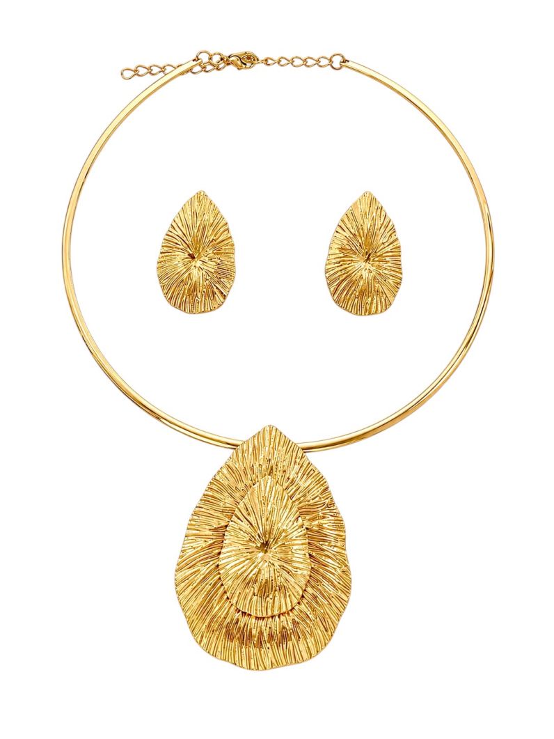 Conjunto Choker Aro e Brinco Folheado a Ouro 18k e Prata Gota Texturizada