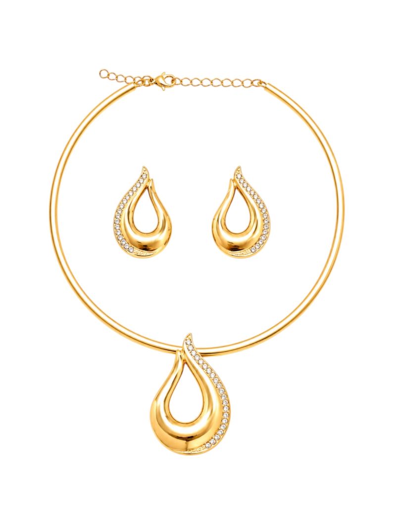 Conjunto Choker Aro e Brinco Folheado a Ouro 18k e Prata Gota Vazada Com Zircônias
