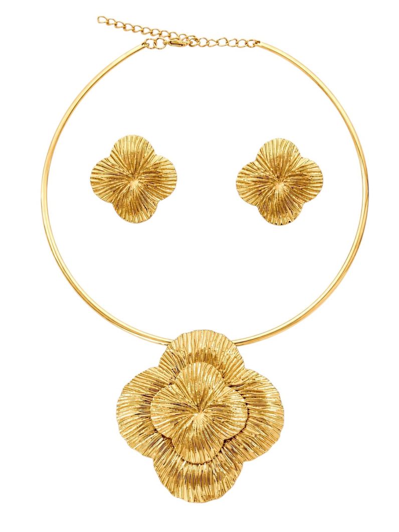 Conjunto Choker Aro e Brinco Folheado a Ouro 18k e Prata Inspiração Vg Texturizado