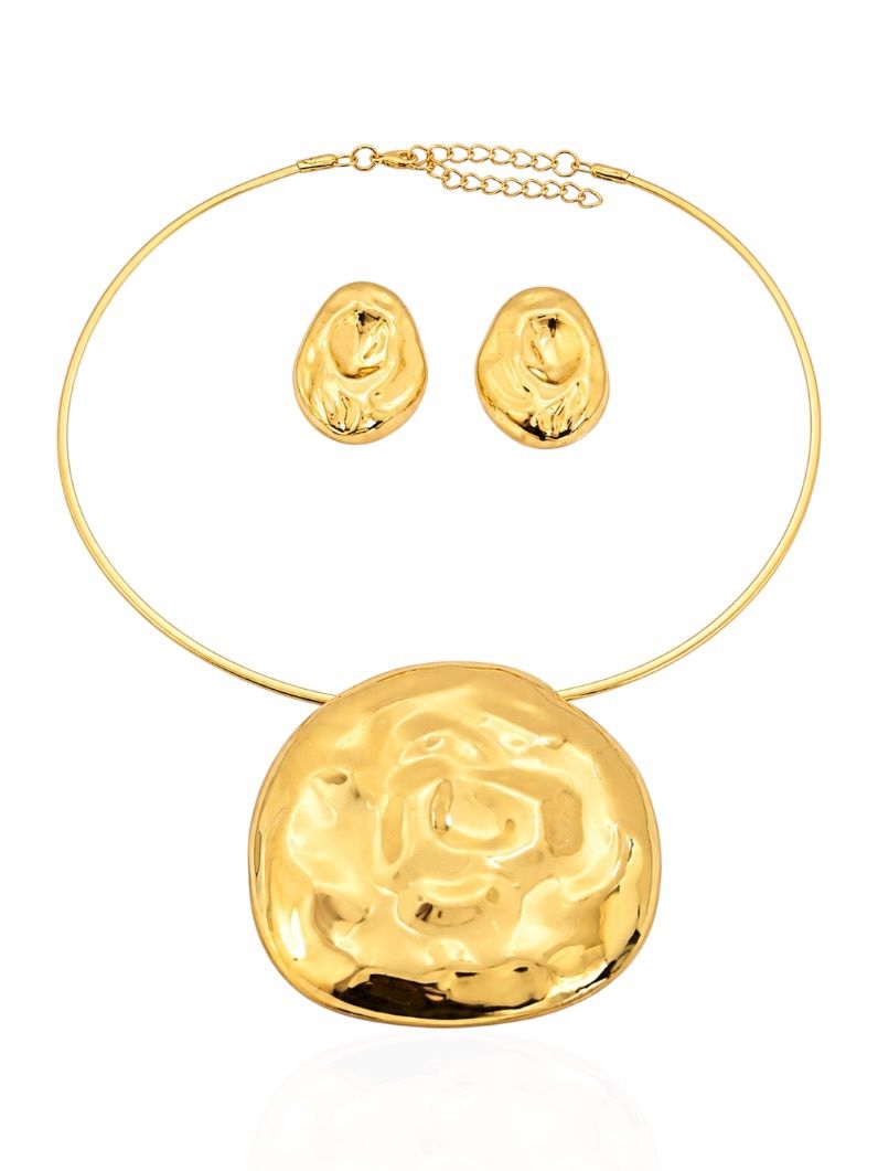 Conjunto Choker Aro e Brinco Folheado a Ouro 18k e Prata Martelado Maxi