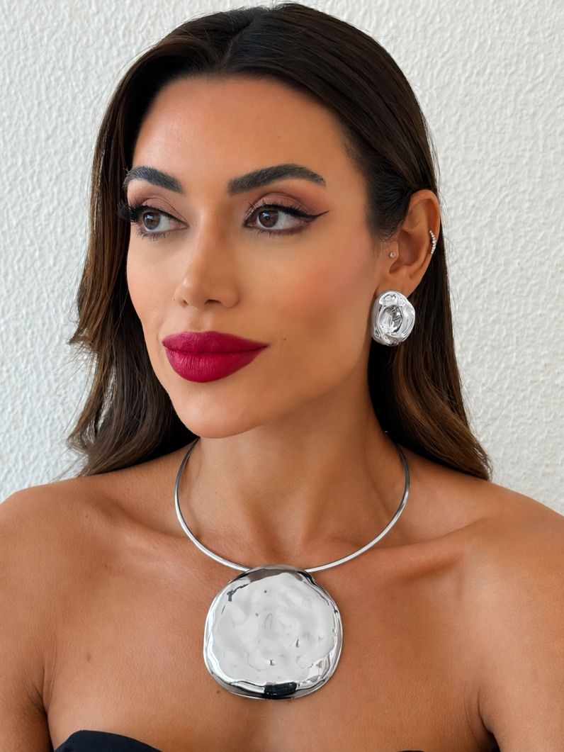 Conjunto Choker Aro e Brinco Folheado a Ouro 18k e Prata Martelado Maxi