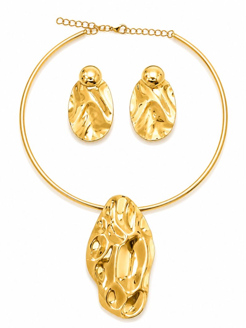 Conjunto Choker Aro e Brinco Folheado a Ouro 18k e Prata Organico Martelado