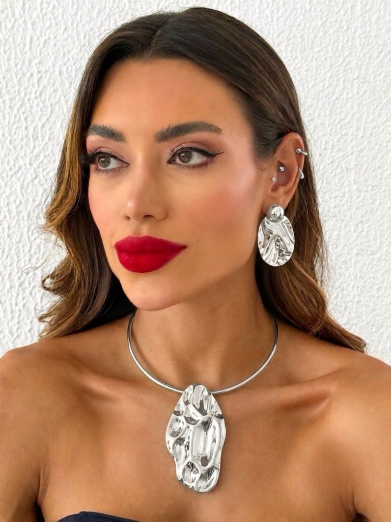 Conjunto Choker Aro e Brinco Folheado a Ouro 18k e Prata Organico Martelado