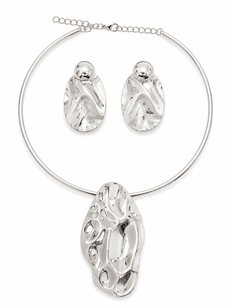 Conjunto Choker Aro e Brinco Folheado a Ouro 18k e Prata Organico Martelado