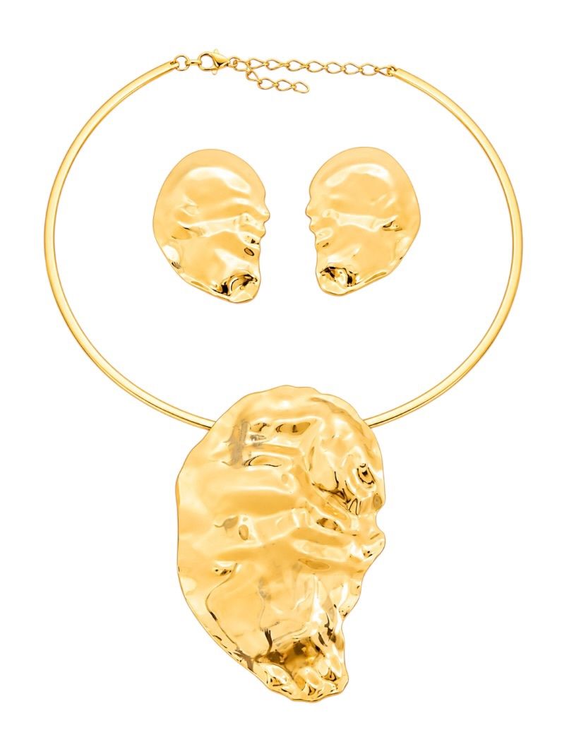 Conjunto Choker Aro e Brinco Folheado a Ouro 18k e Prata Organico Martelado