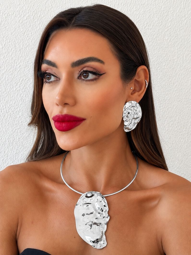 Conjunto Choker Aro e Brinco Folheado a Ouro 18k e Prata Organico Martelado