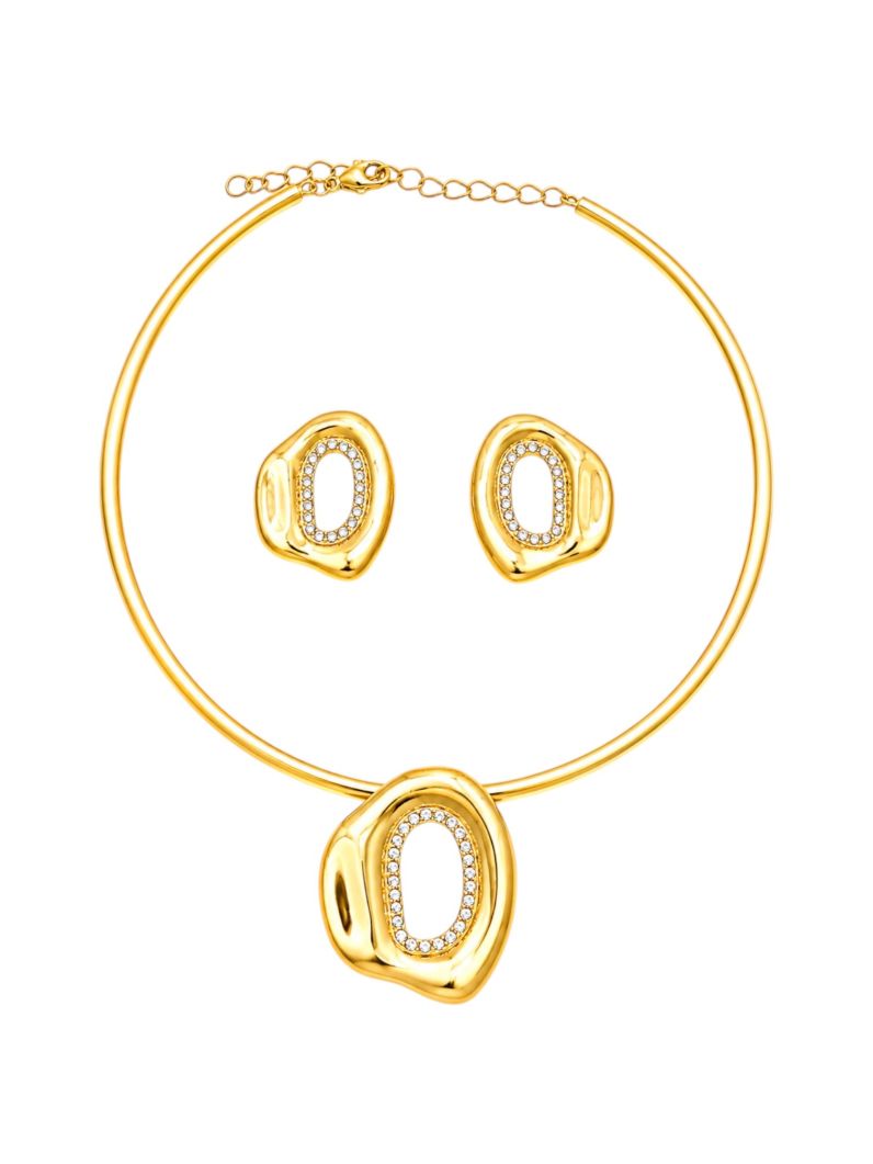 Conjunto Choker Aro e Brinco Folheado a Ouro 18k e Prata Orgânico Vazada Com Zircônias