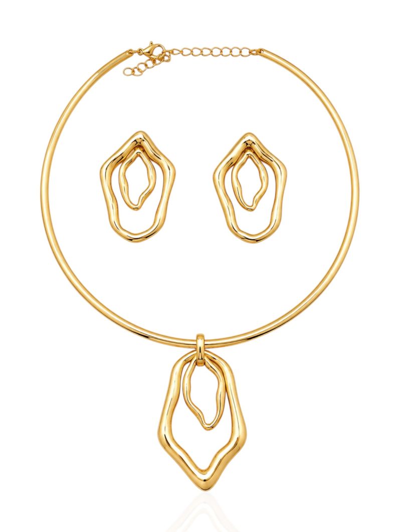 Conjunto Choker Aro e Brinco Folheado a Ouro 18k e Prata Orgânico Vazado