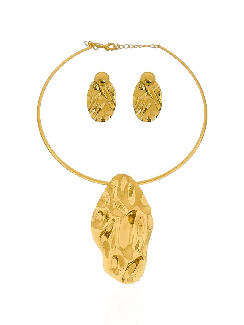 Conjunto Choker Aro e Brinco Folheado a Ouro 18k e Prata Oval Martelado