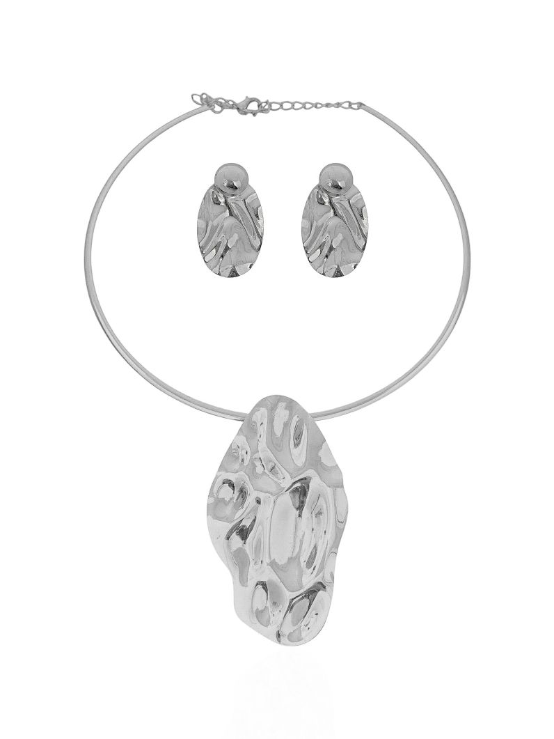 Conjunto Choker Aro e Brinco Folheado a Ouro 18k e Prata Oval Martelado