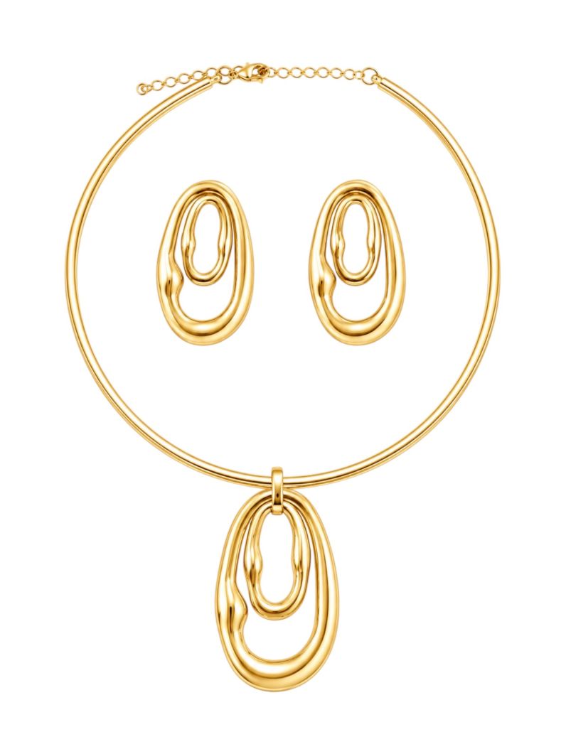 Conjunto Choker Aro e Brinco Folheado a Ouro 18k e Prata Oval Martelado