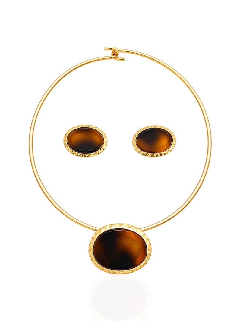 Conjunto Choker Aro e Brinco Folheado a Ouro 18k e Prata Oval Resinado Com Borda Martelado