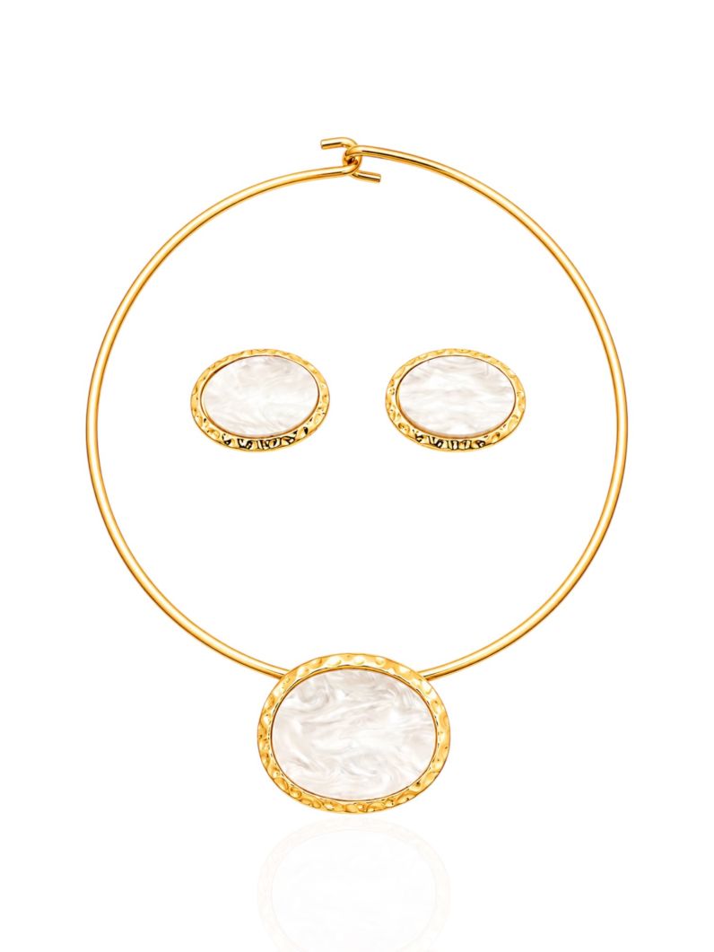 Conjunto Choker Aro e Brinco Folheado a Ouro 18k e Prata Oval Resinado Com Borda Martelado