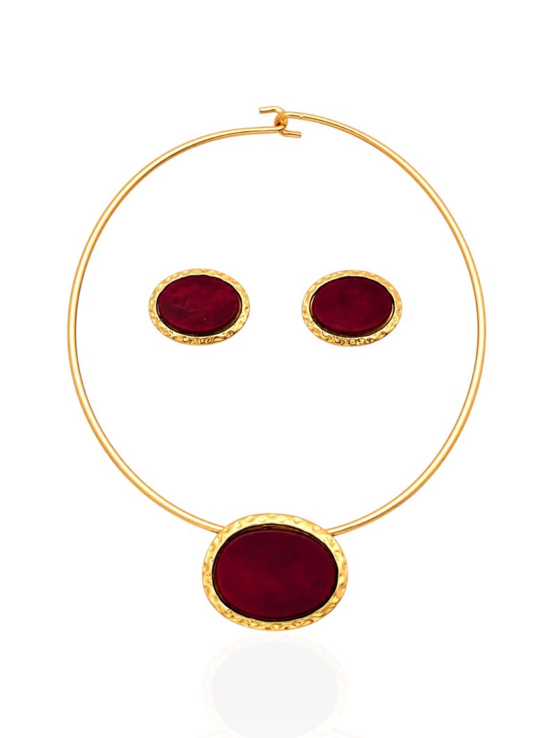 Conjunto Choker Aro e Brinco Folheado a Ouro 18k e Prata Oval Resinado Com Borda Martelado