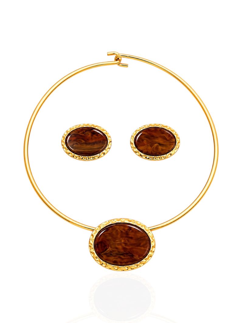 Conjunto Choker Aro e Brinco Folheado a Ouro 18k e Prata Oval Resinado Com Borda Martelado