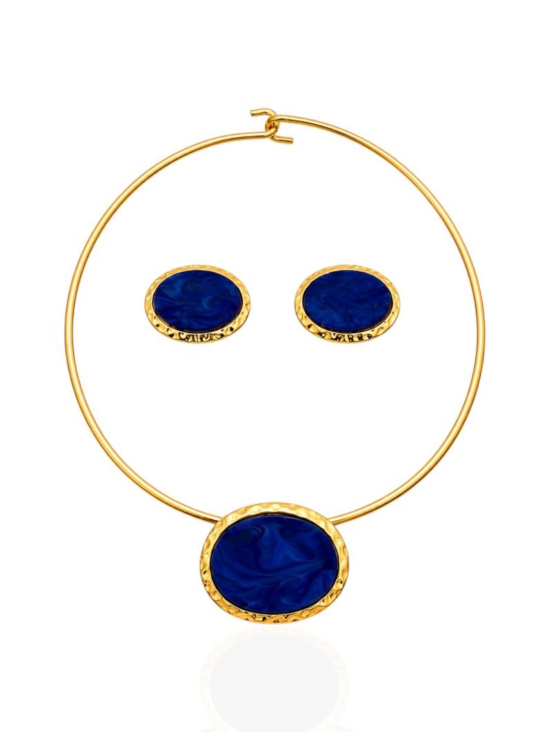 Conjunto Choker Aro e Brinco Folheado a Ouro 18k e Prata Oval Resinado Com Borda Martelado