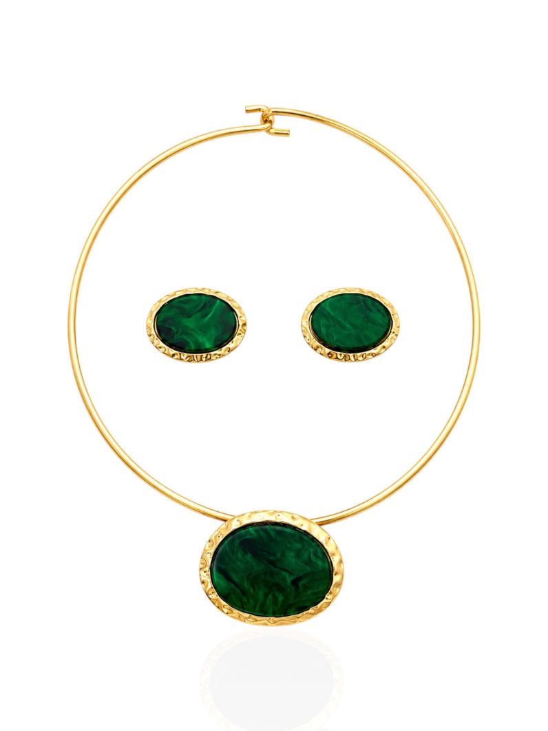 Conjunto Choker Aro e Brinco Folheado a Ouro 18k e Prata Oval Resinado Com Borda Martelado