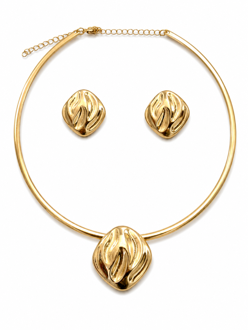 Conjunto Choker Aro e Brinco Folheado a Ouro 18k e Prata Quadrado Detalhado