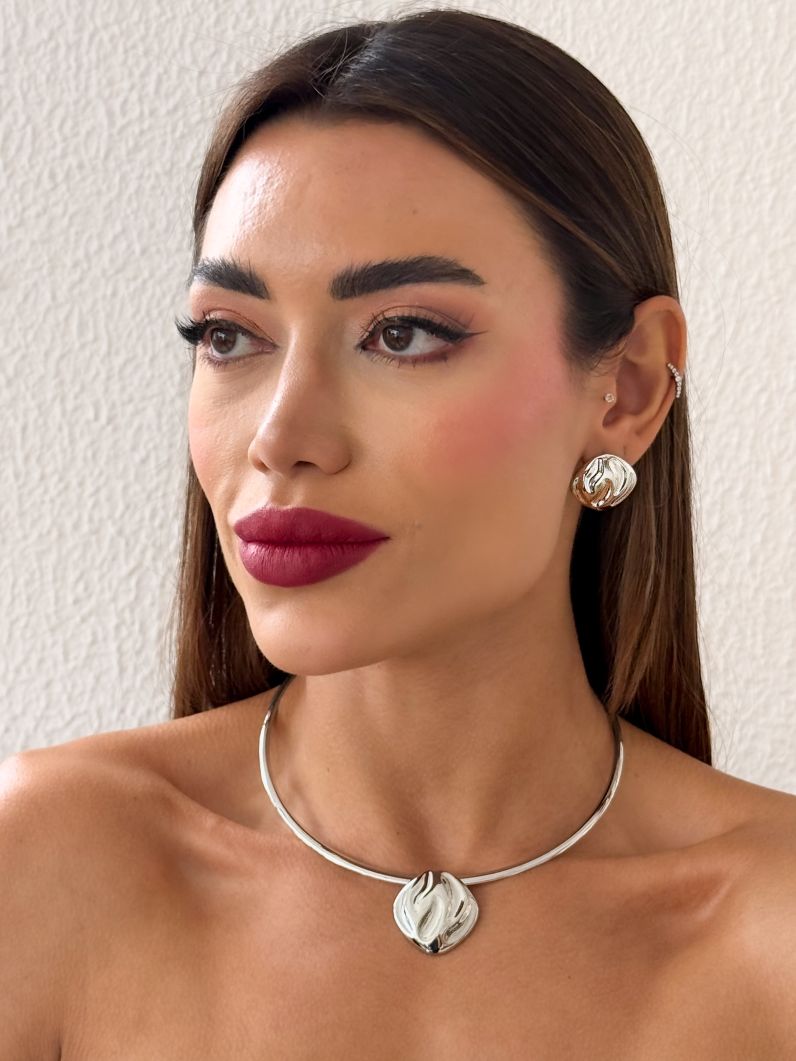Conjunto Choker Aro e Brinco Folheado a Ouro 18k e Prata Quadrado Detalhado