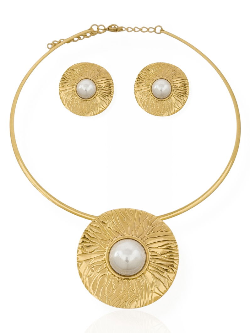 Conjunto Choker Aro e Brinco Folheado a Ouro 18k e Prata Texturizado com Perola