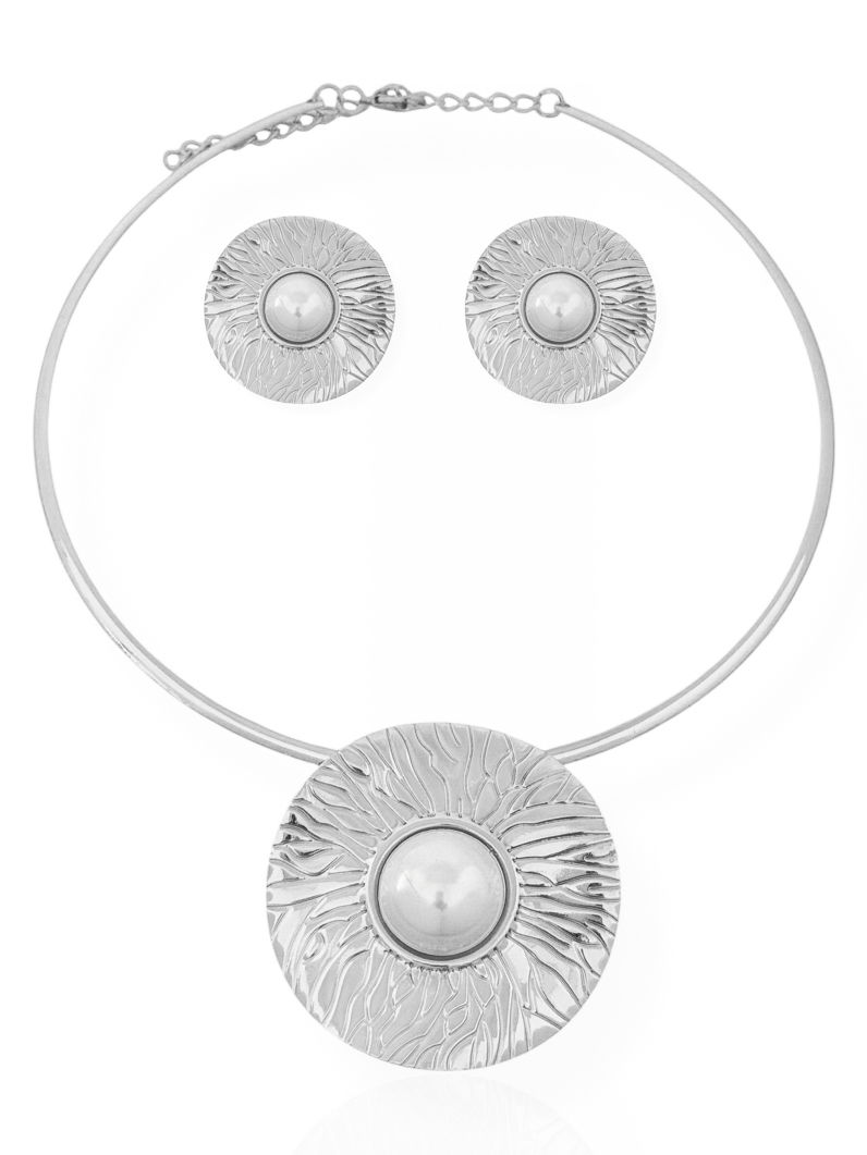 Conjunto Choker Aro e Brinco Folheado a Ouro 18k e Prata Texturizado com Perola