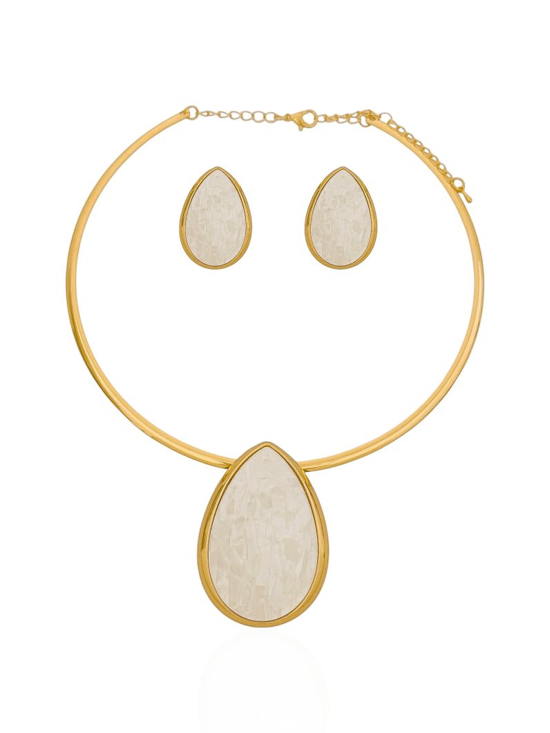 Conjunto Choker Aro e Brinco Folheado a Ouro 18k Gota Resinad