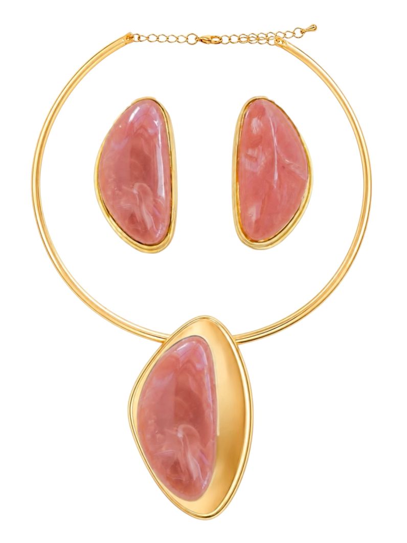 Conjunto Choker Aro e Brinco Folheado a Ouro 18k Pingente Resinado Com Borda Lisa