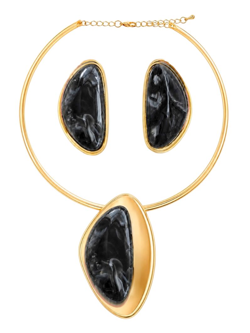 Conjunto Choker Aro e Brinco Folheado a Ouro 18k Pingente Resinado Com Borda Lisa