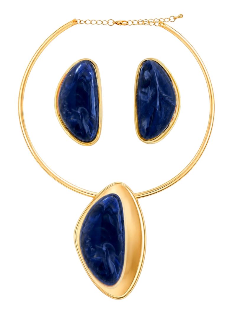 Conjunto Choker Aro e Brinco Folheado a Ouro 18k Pingente Resinado Com Borda Lisa