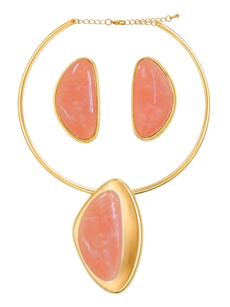 Conjunto Choker Aro e Brinco Folheado a Ouro 18k Pingente Resinado Com Borda Lisa