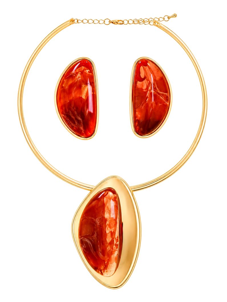 Conjunto Choker Aro e Brinco Folheado a Ouro 18k Pingente Resinado Com Borda Lisa