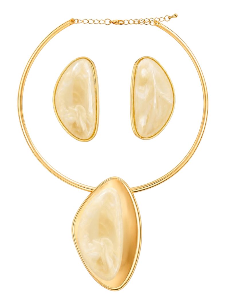 Conjunto Choker Aro e Brinco Folheado a Ouro 18k Pingente Resinado Com Borda Lisa
