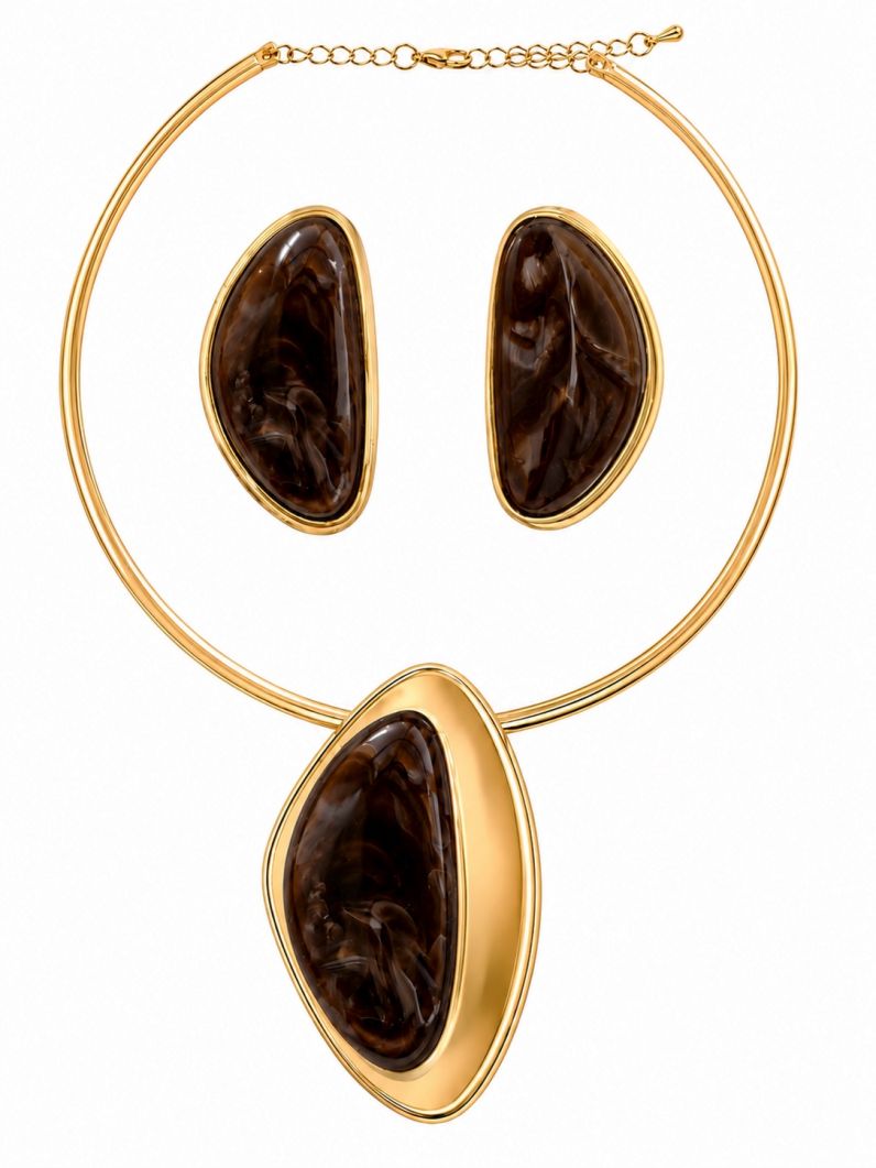 Conjunto Choker Aro e Brinco Folheado a Ouro 18k Pingente Resinado Com Borda Lisa