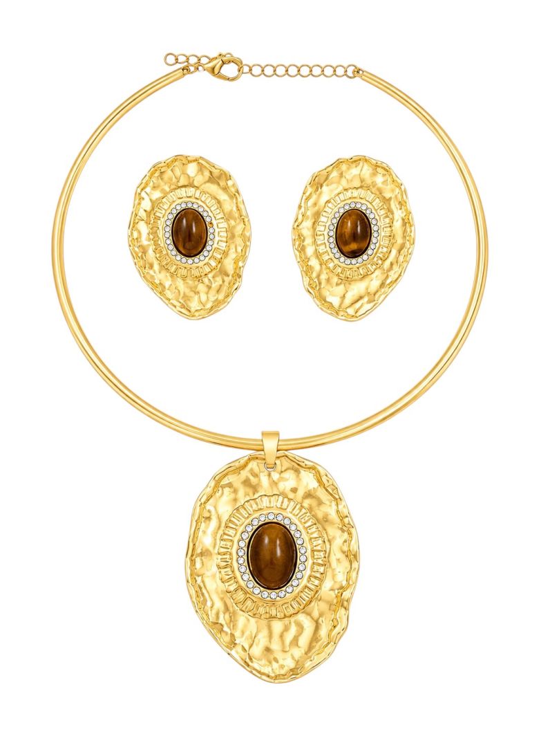 Conjunto Choker Aro e Brinco Folheado a Ouro 18k Placa Martelada e Resinada